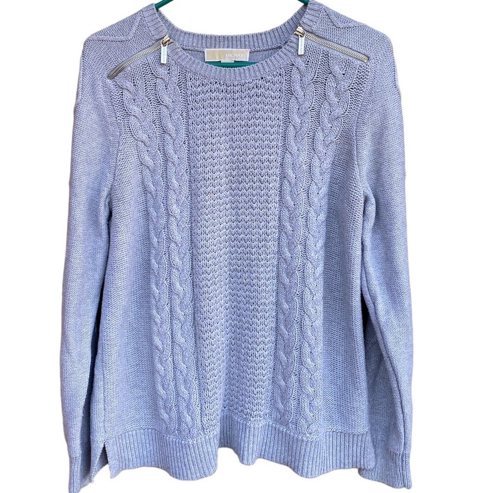 Michael Kors Gray Cable Knit Sweater L Zipper Shoulder Cotton Blend Preppy Ski